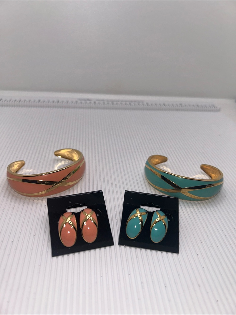 Avon Coral and Teal Enamel Gold-Trim Cuff Bracelets with Matching Earrings